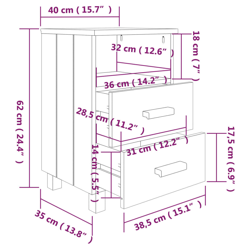 Comodino HAMAR Grigio Scuro 40x35x62 cm Legno Massello di Pino