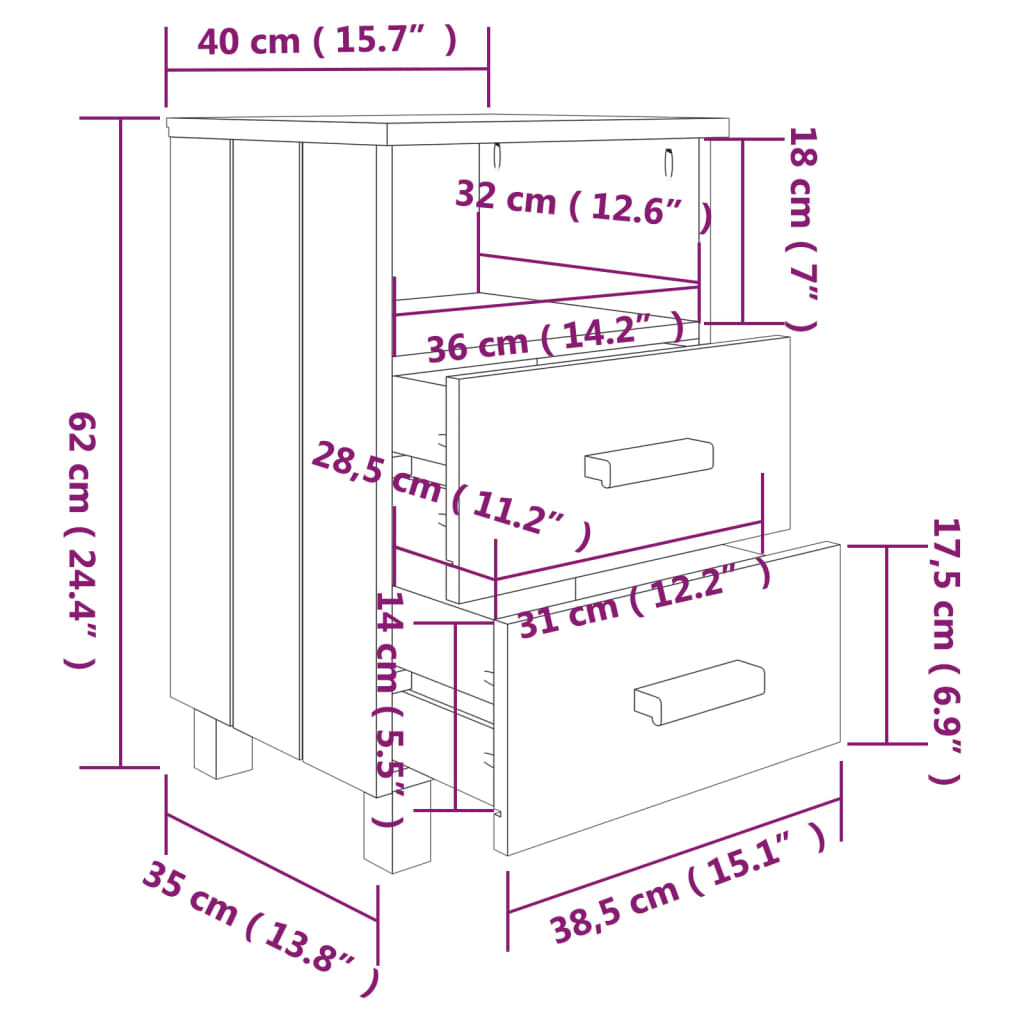 Comodini HAMAR 2 pz ambra 40x35x62 cm Legno Massello di Pino