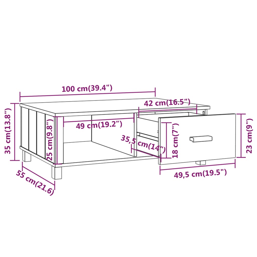 Tavolino HAMAR Bianco 100x55x35 cm in Legno Massello di Pino
