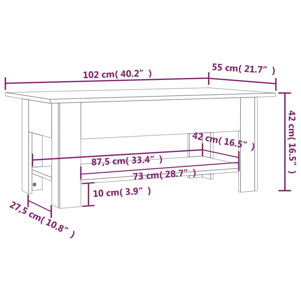 Tavolino da Salotto Bianco 102x55x42 cm in Truciolato