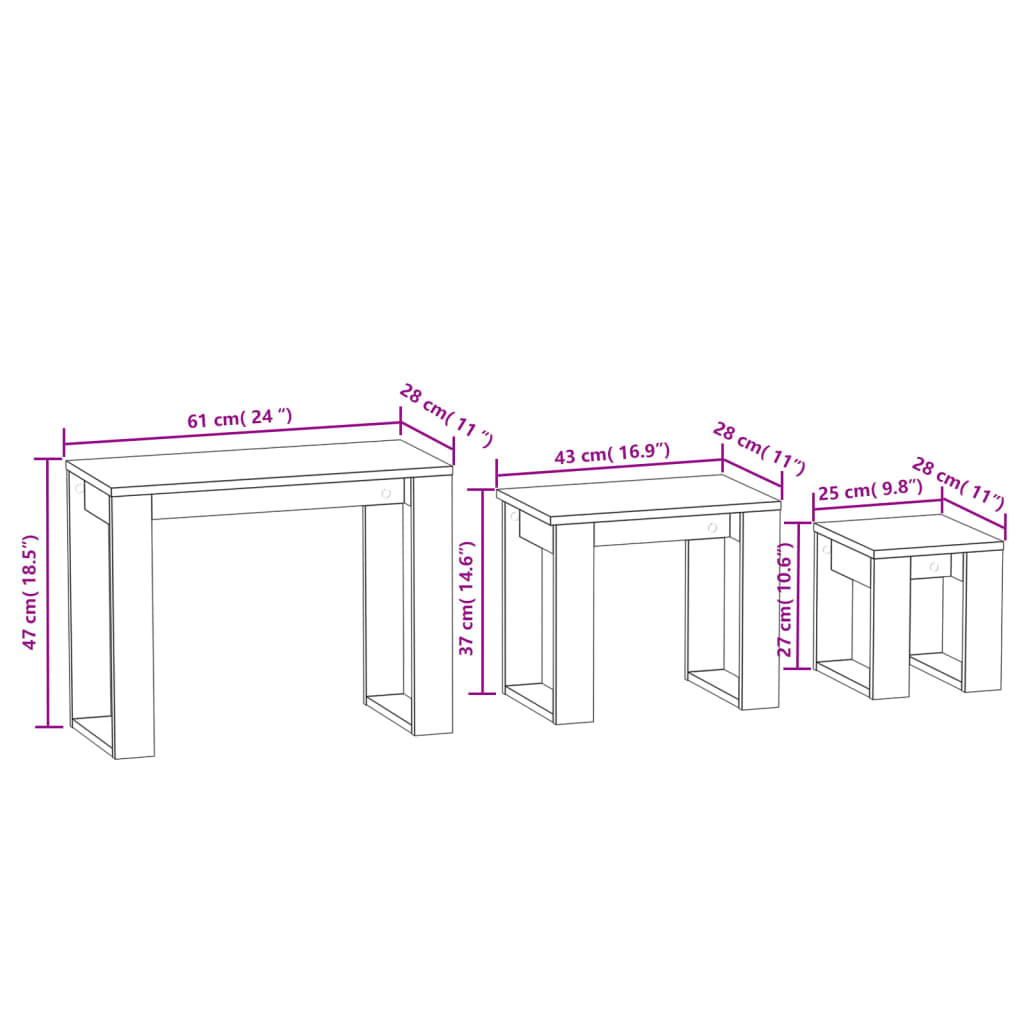 Tavolini Impilabili 3 pz Rovere Fumo in Legno Multistrato