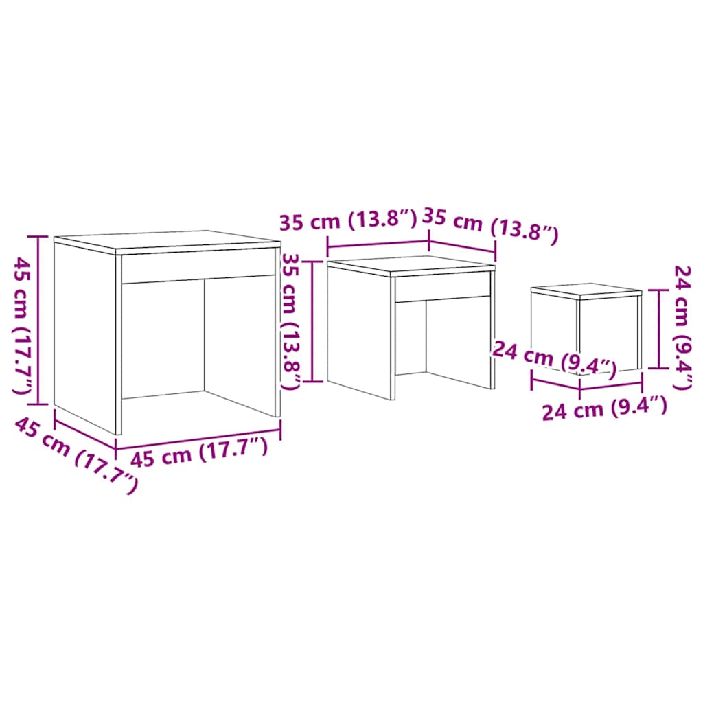 Tavolini Impilabili 3 pz Rovere Fumo in Legno Multistrato