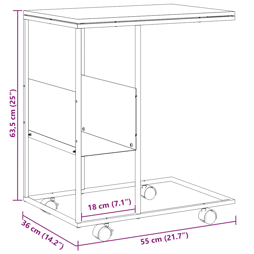 Tavolino con Ruote Nero 55x36x63,5 cm in Legno Multistrato