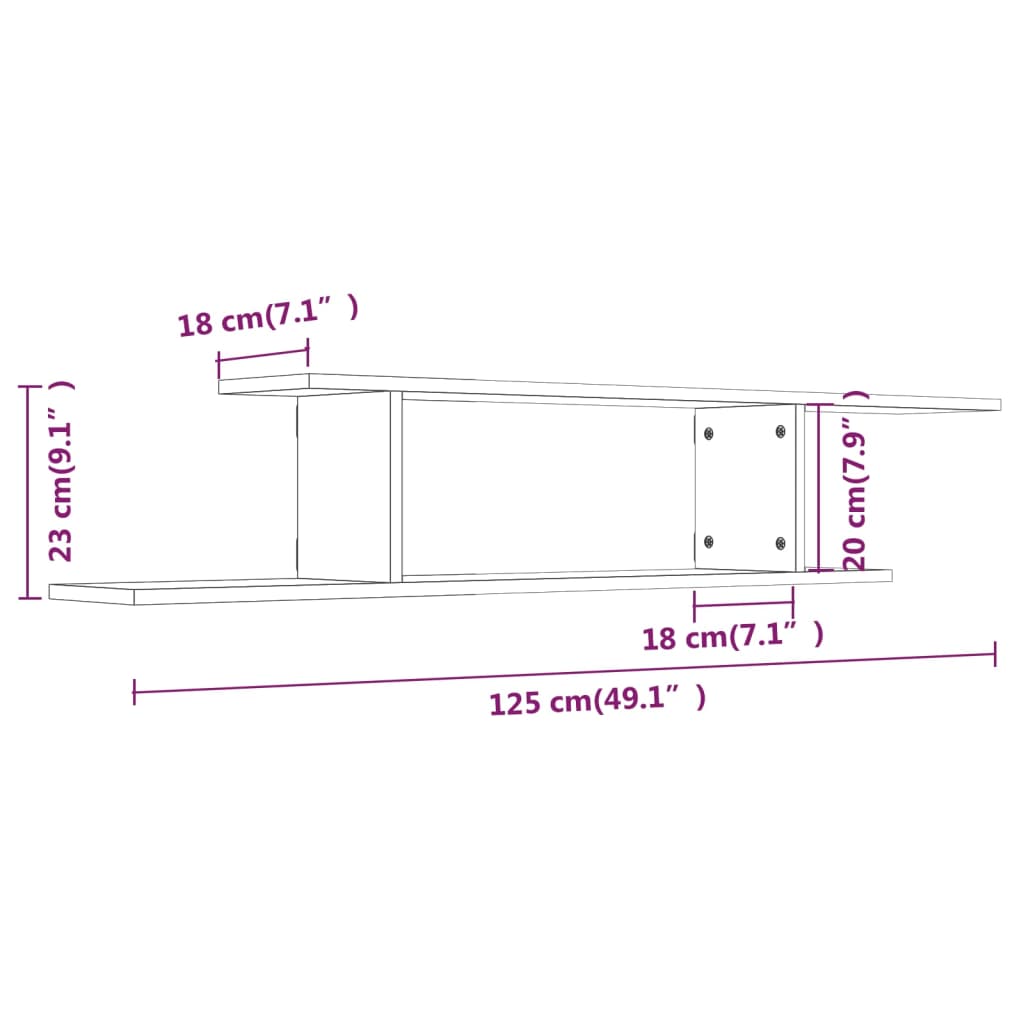 Scaffale TV Parete Grigio Sonoma 125x18x23 cm Legno Multistrato