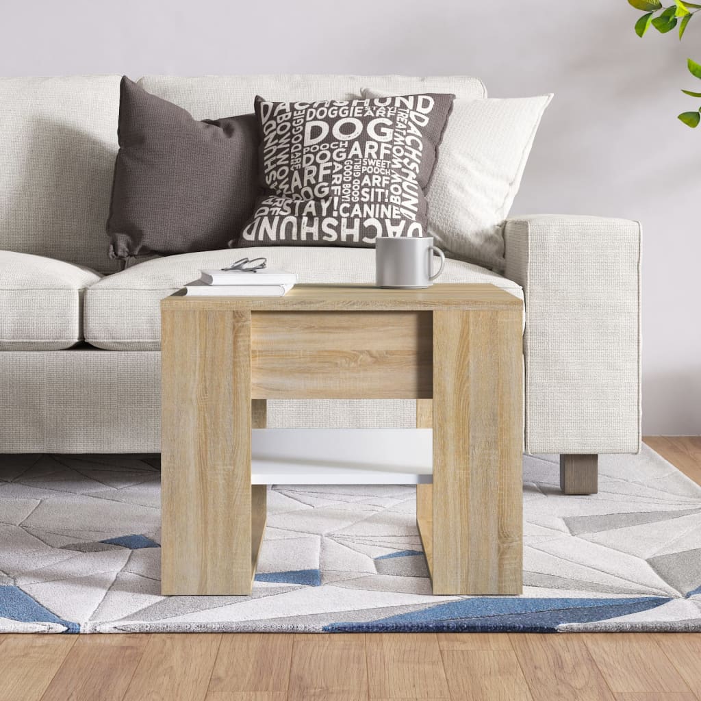 Tavolino Bianco e Rovere Sonoma 55,5x55x45 cm Legno Multistrato