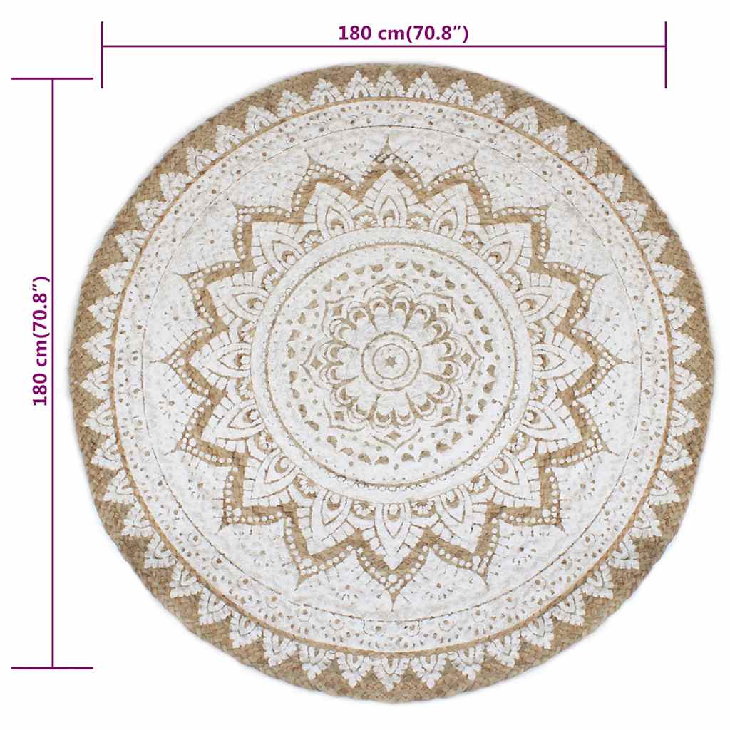 Tappeto in Juta Intrecciata con Stampa 180 cm Rotondo