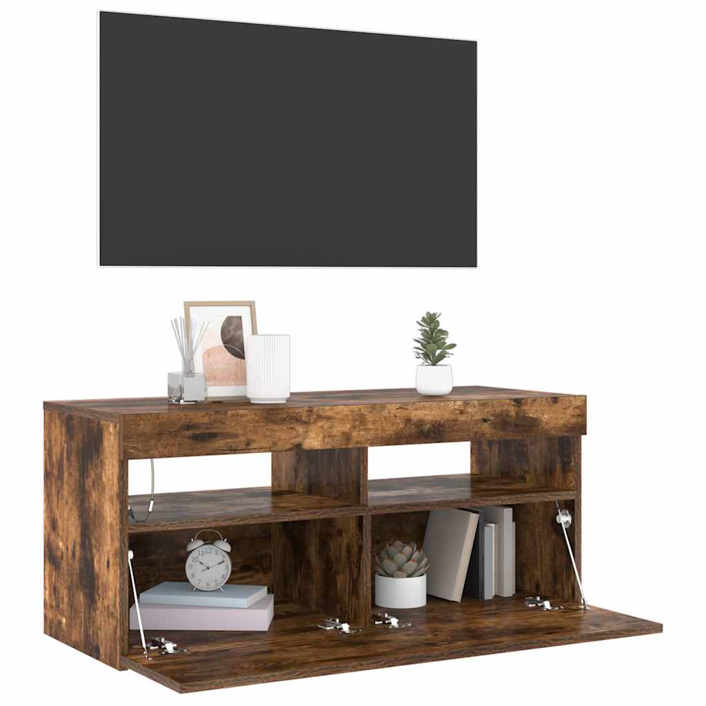 Mobile Porta TV con Luci LED Rovere Fumo 90x35x40 cm