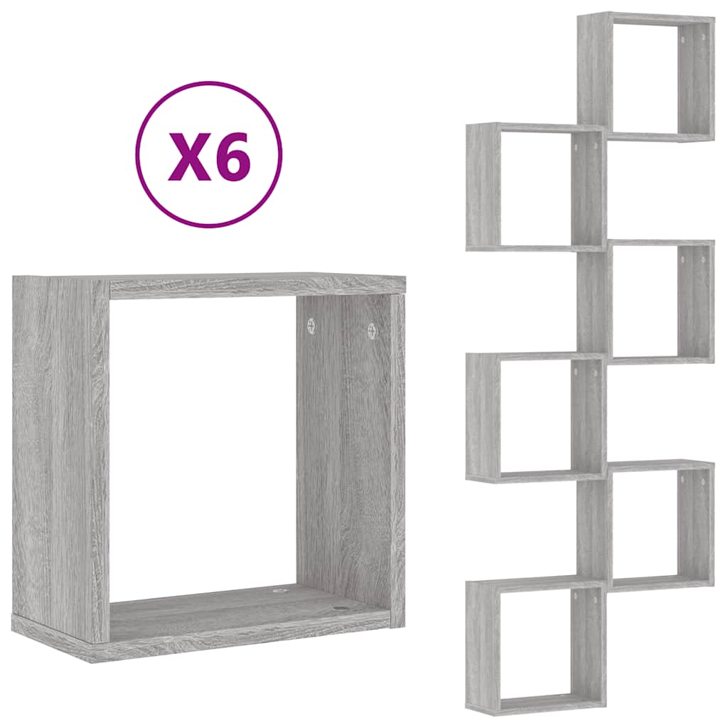 Mensole Parete a Cubo 6 pz Grigio Sonoma 30x15x30 cm