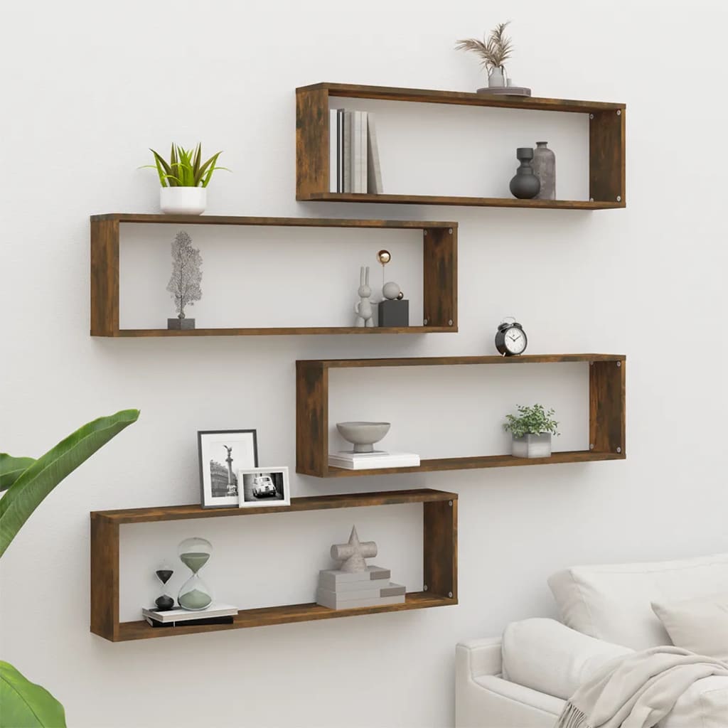 Mensole Parete Cubo 4pz Rovere Fumo 100x15x30 Legno Multistrato