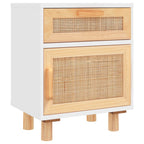 Comodino Bianco in Legno Massello di Pino e Rattan Naturale