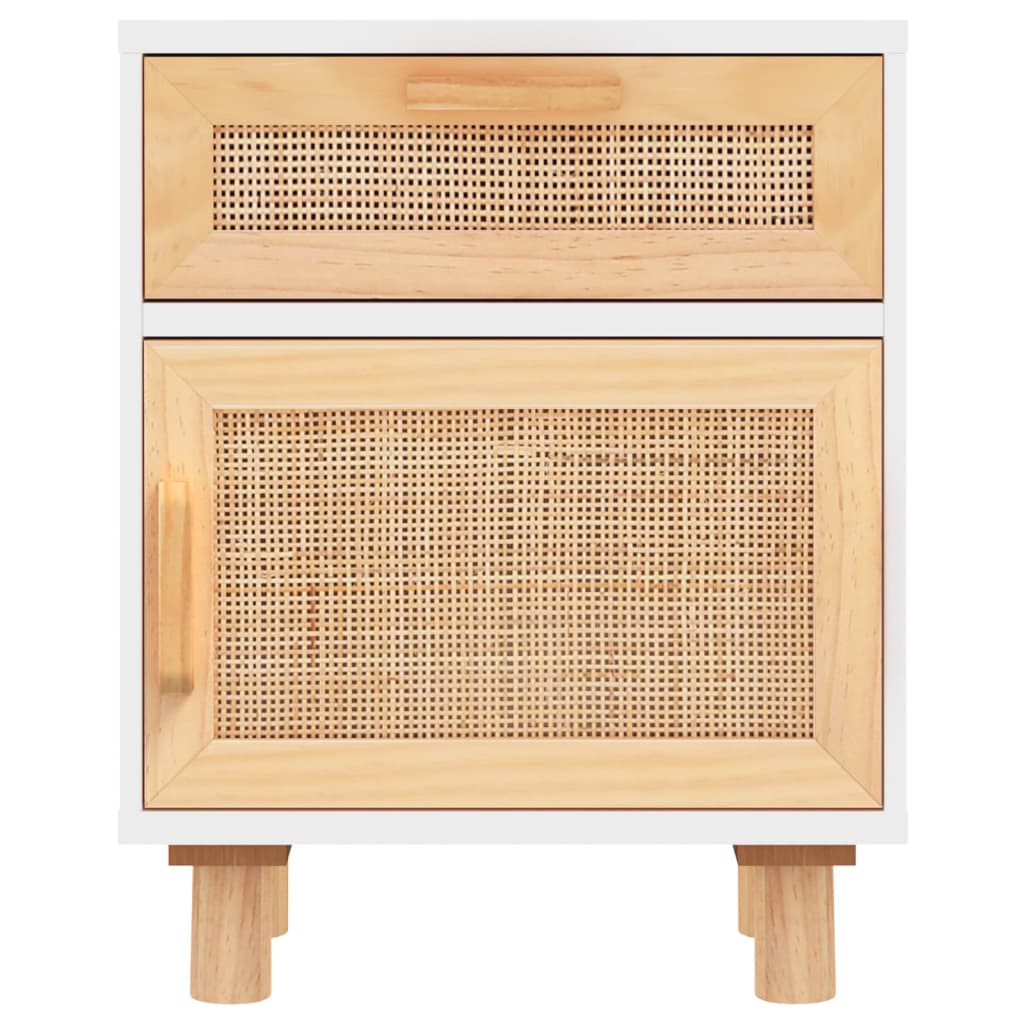 Comodini 2 pz Bianchi Legno Massello di Pino e Rattan Naturale