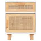 Comodini 2 pz Bianchi Legno Massello di Pino e Rattan Naturale