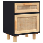 Comodino Nero in Legno Massello di Pino e Rattan Naturale