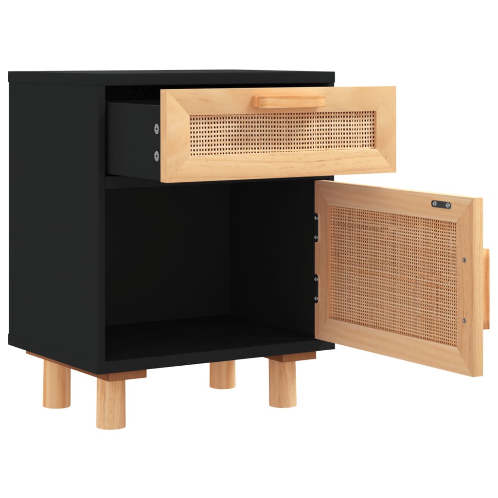 Comodino Nero in Legno Massello di Pino e Rattan Naturale