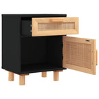 Comodino Nero in Legno Massello di Pino e Rattan Naturale