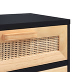 Comodino Nero in Legno Massello di Pino e Rattan Naturale