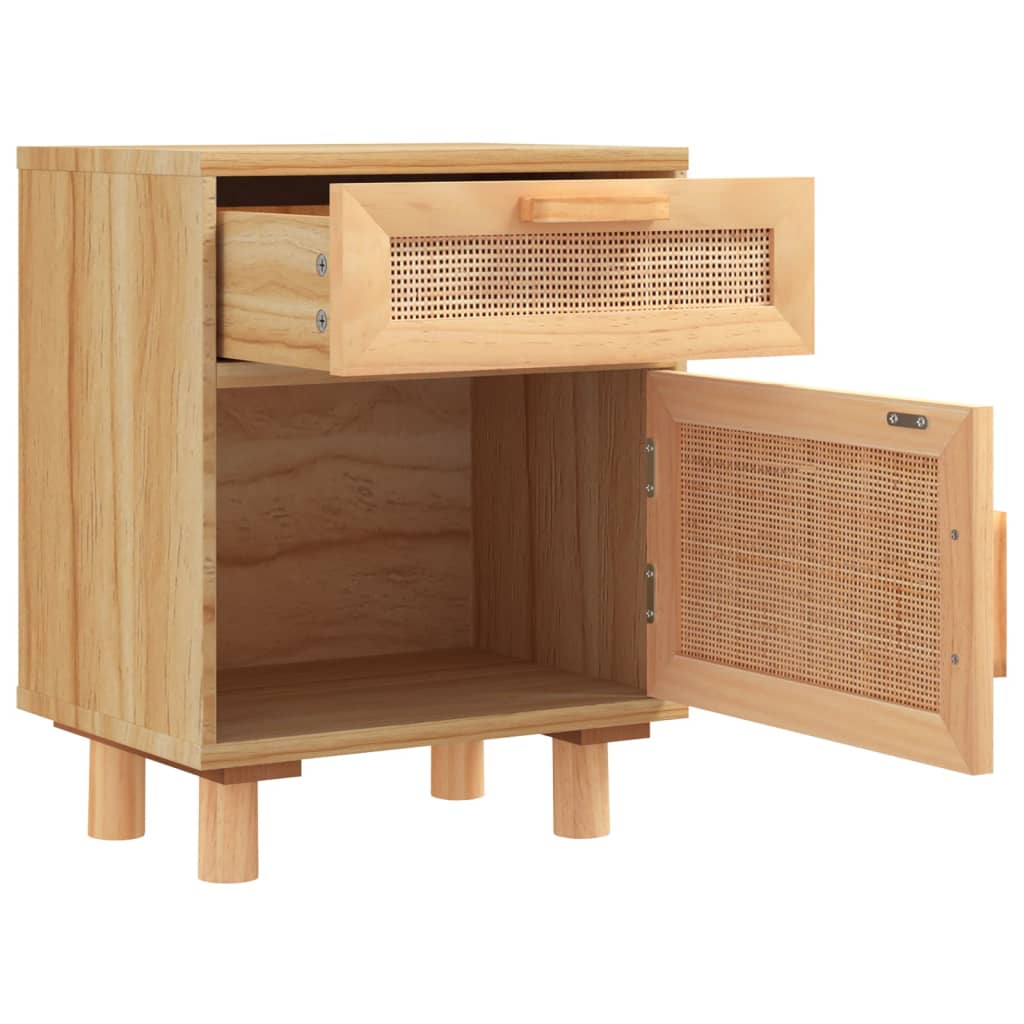 Comodino Marrone in Legno Massello di Pino e Rattan Naturale