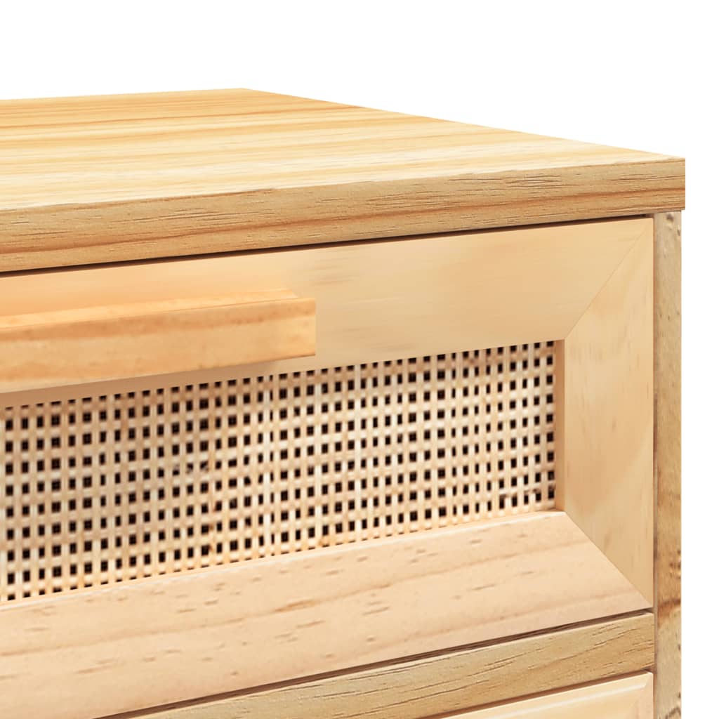 Comodino Marrone in Legno Massello di Pino e Rattan Naturale
