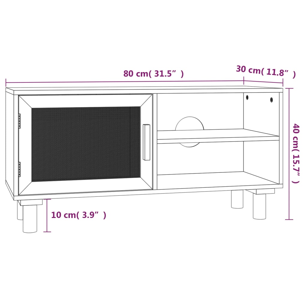 Mobile TV Bianco 80x30x40 cm Massello Pino e Rattan Naturale