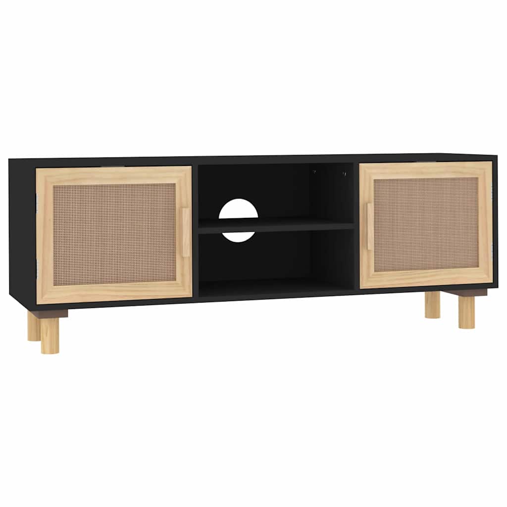 Mobile TV Nero 105x30x40 cm Massello Pino e Rattan Naturale