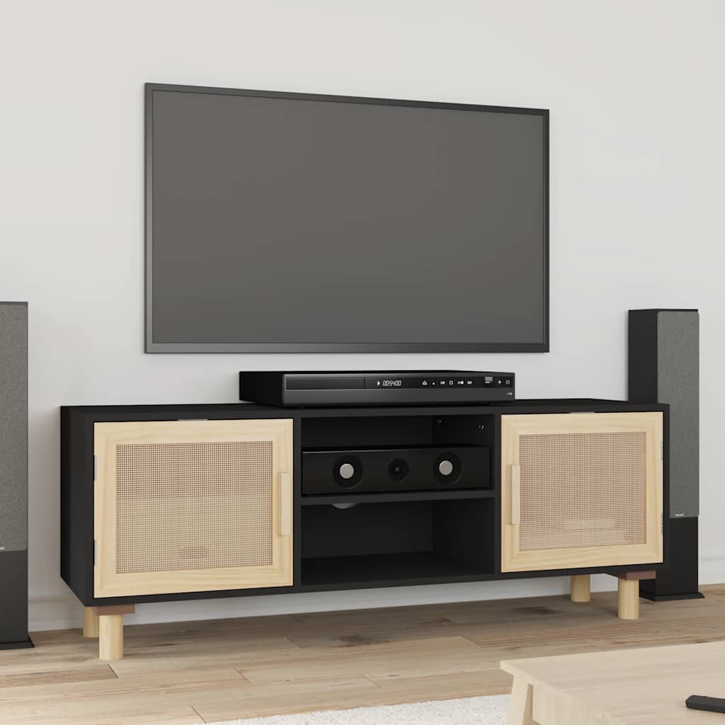 Mobile TV Nero 105x30x40 cm Massello Pino e Rattan Naturale