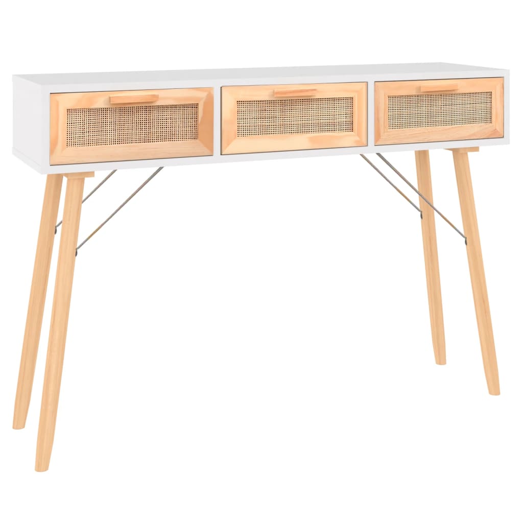 Tavolo Consolle Bianco 105x30x75 Massello Pino Rattan Naturale