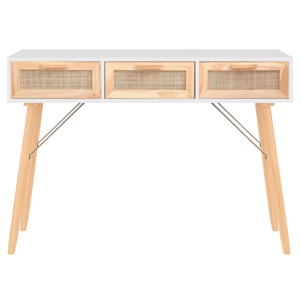 Tavolo Consolle Bianco 105x30x75 Massello Pino Rattan Naturale