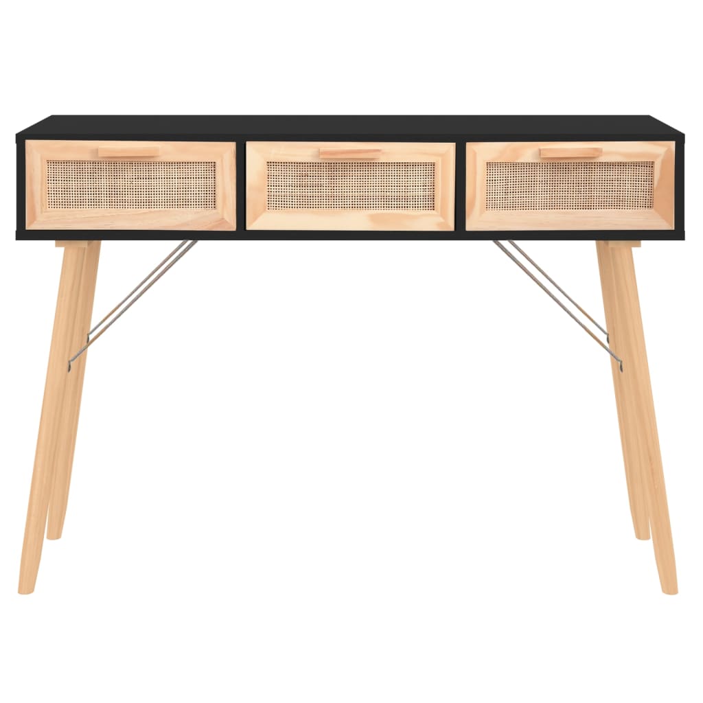 Tavolo Consolle Nero 105x30x75cm Massello Pino Rattan Naturale