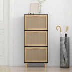 Scarpiera Nero 52x25x115cm Legno Multistrato e Rattan Naturale