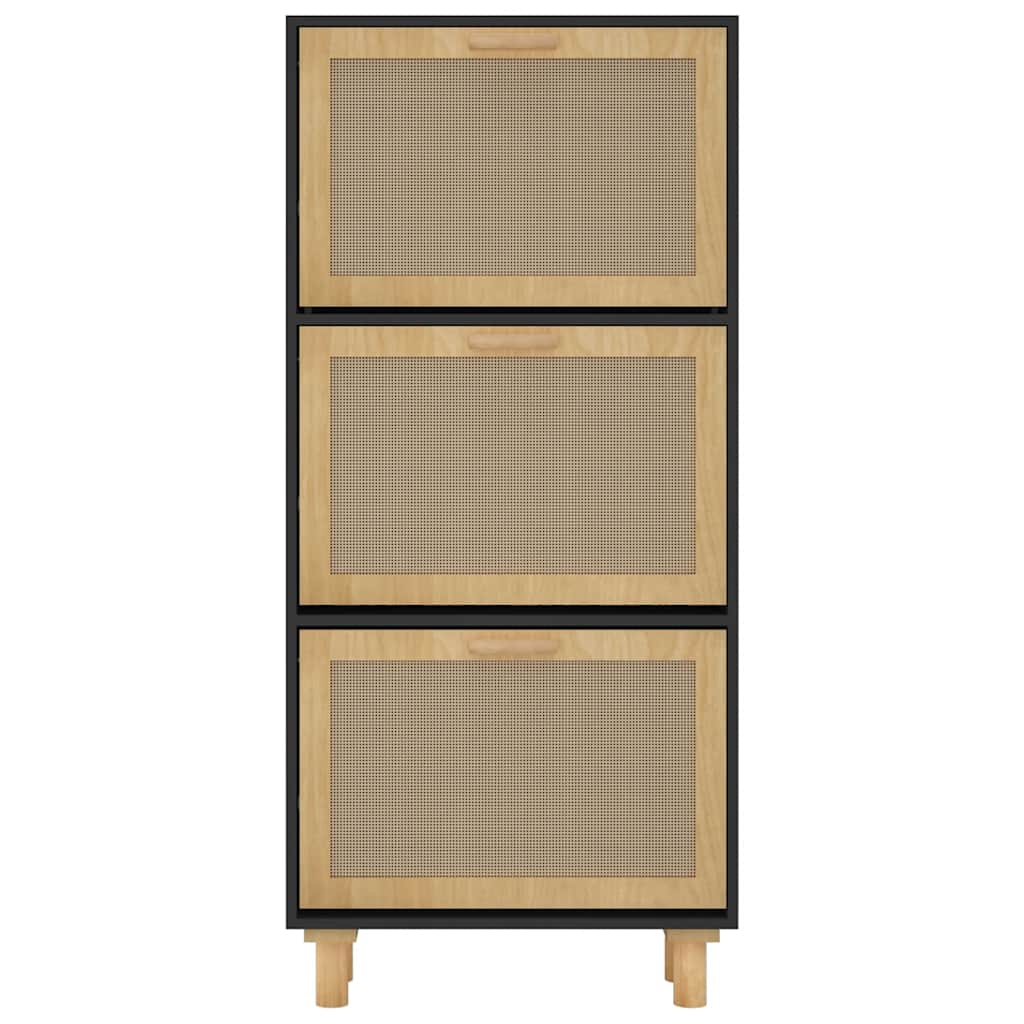Scarpiera Nero 52x25x115cm Legno Multistrato e Rattan Naturale