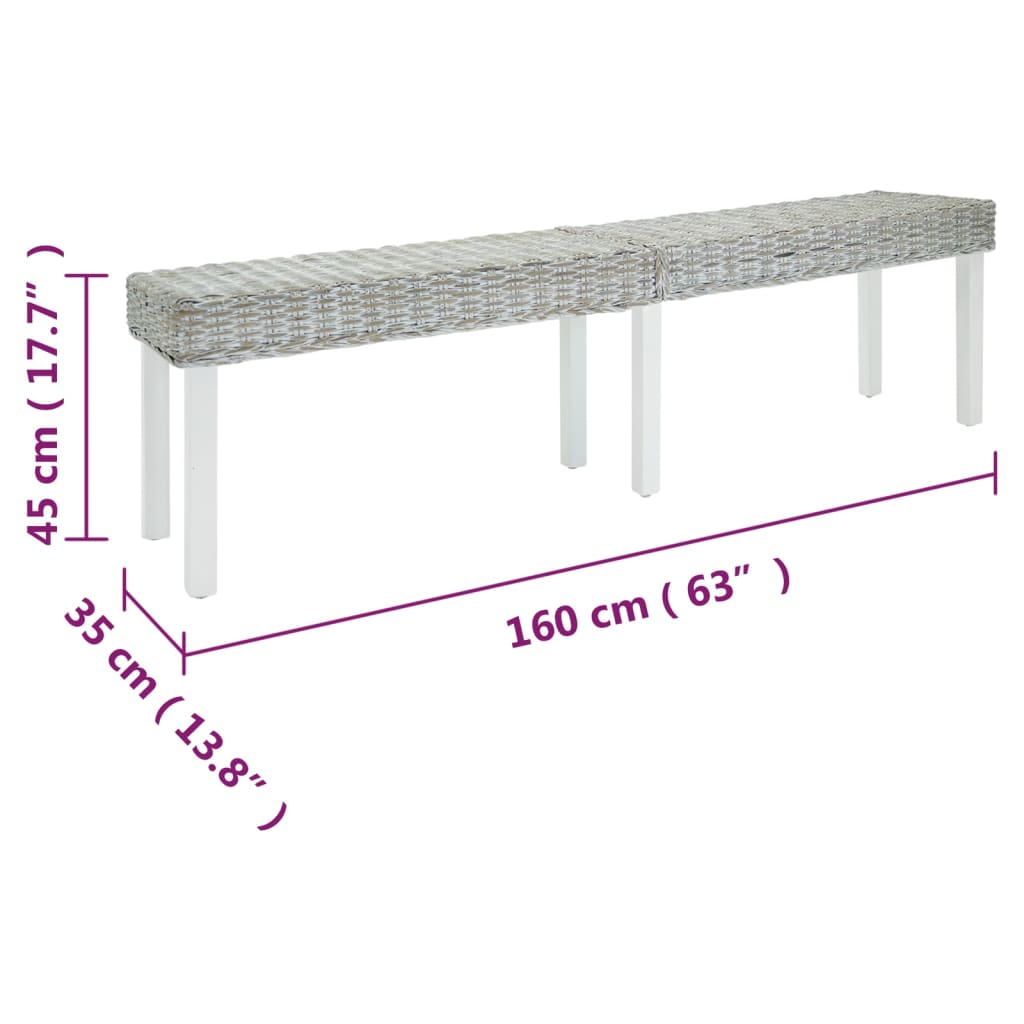 Panca Bianca 160x35x45 cm Rattan Kubu Naturale e Massello Mogano