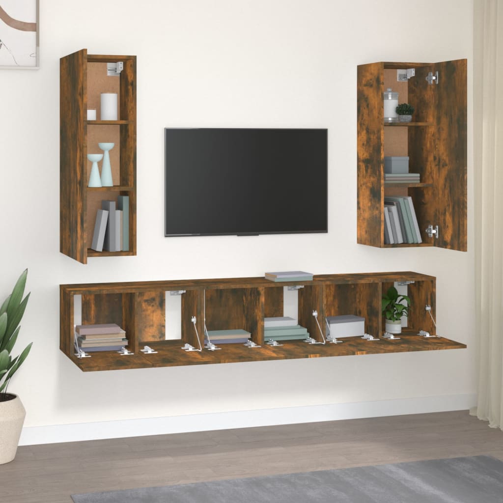 Set di Mobili Porta TV 5 pz Rovere Fumo in Legno Multistrato