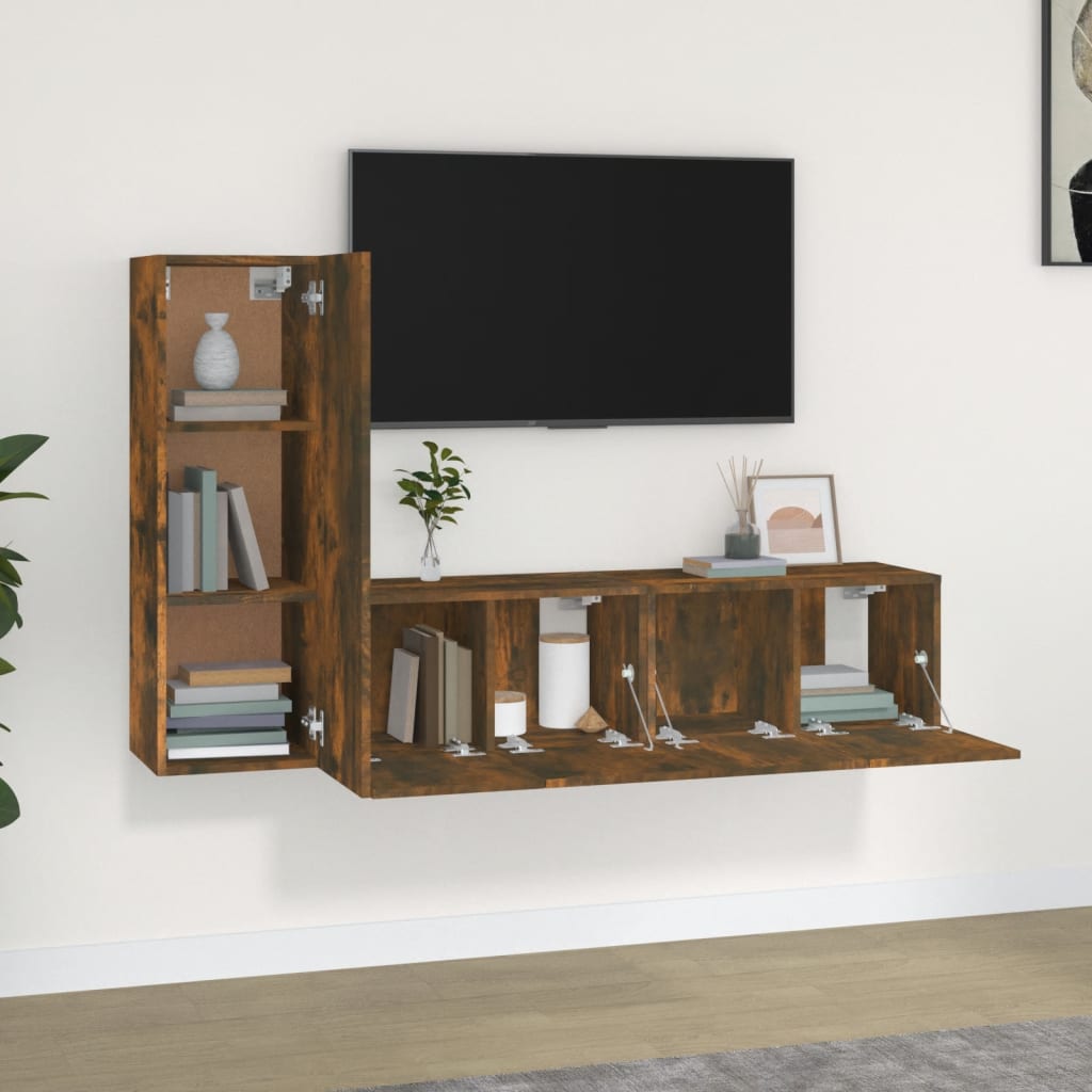 Set Mobili Porta TV 3 pz Rovere Fumo in Legno Multistrato