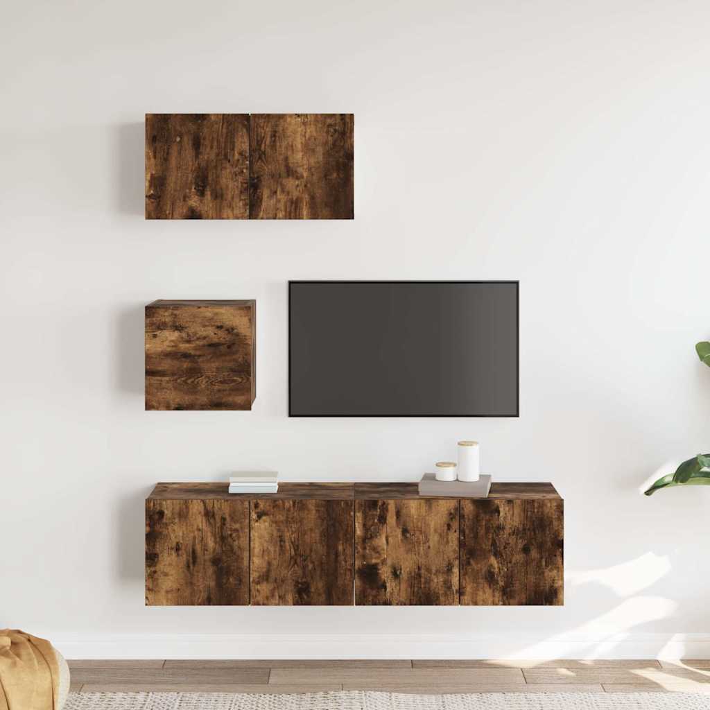 Set di Mobili Porta TV 4 pz Rovere Fumo in Legno Multistrato
