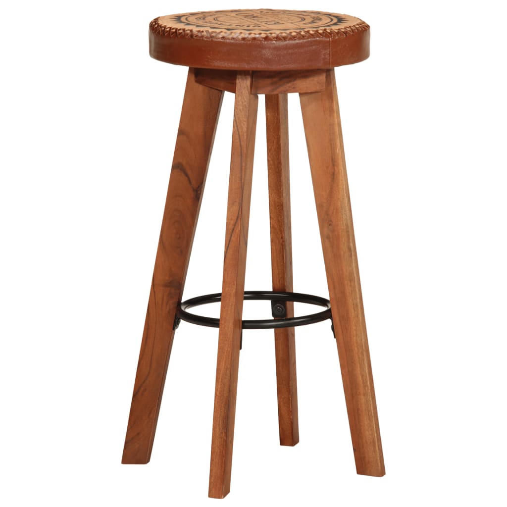 Sgabelli da Bar 2 pz in Vera Pelle e Legno Massello di Acacia