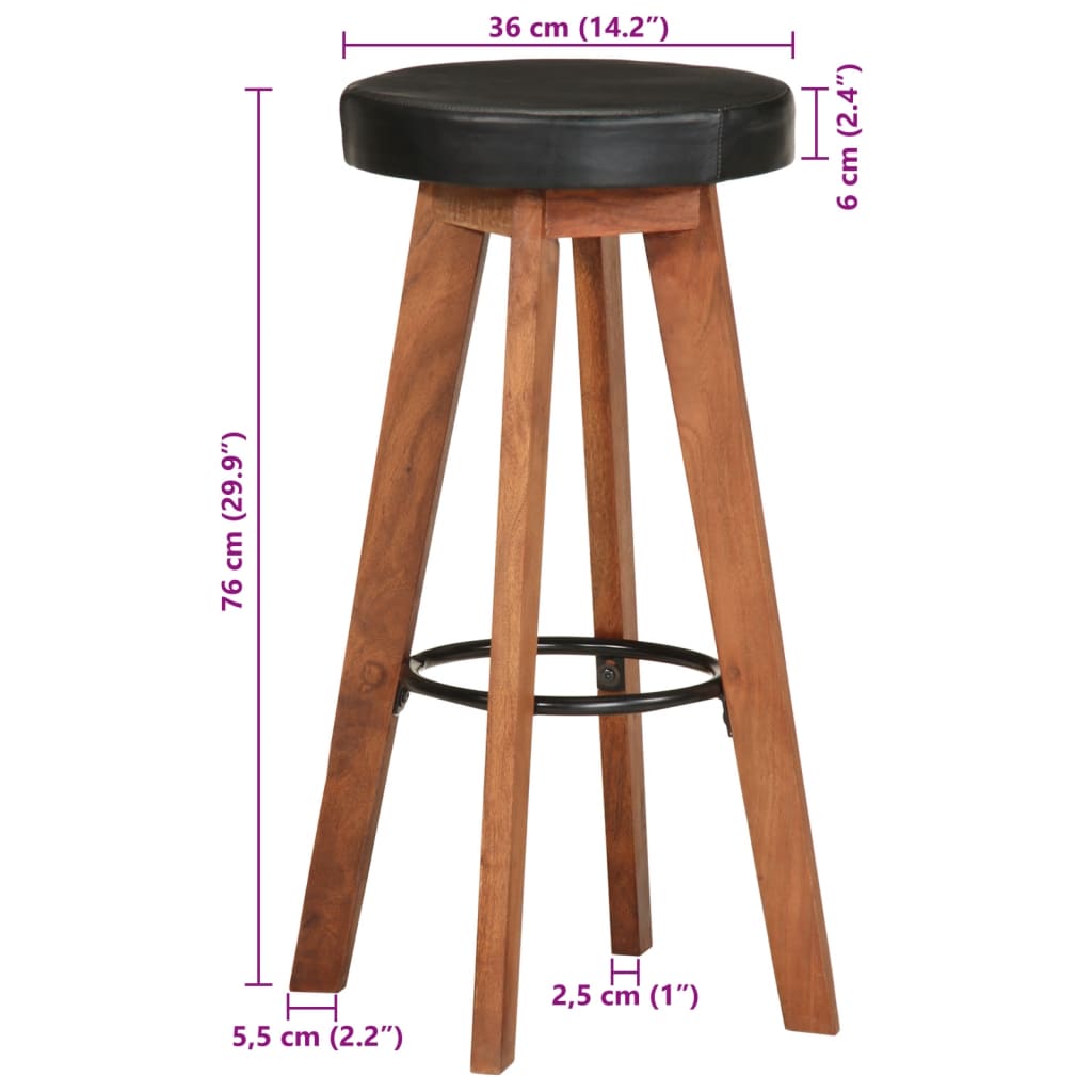 Sgabelli da Bar 2 pz in Vera Pelle e Legno Massello di Acacia