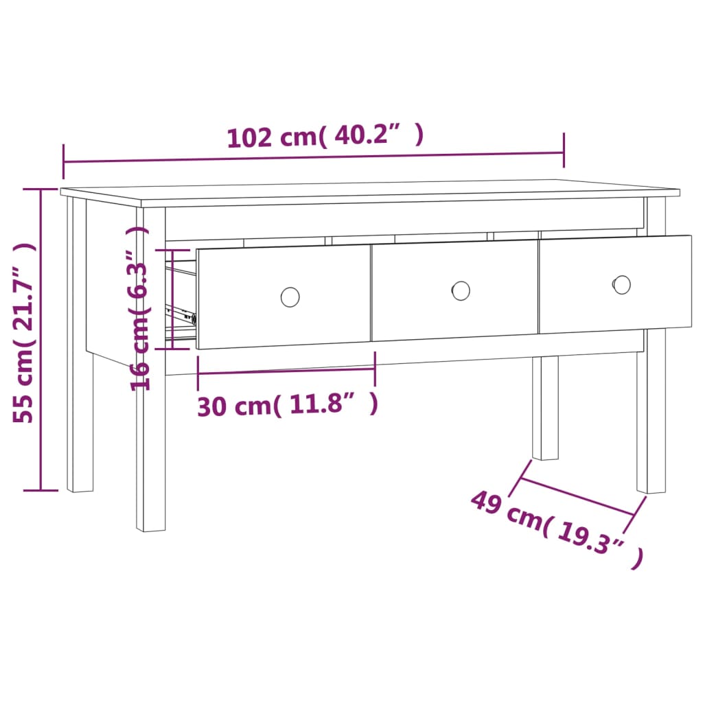 Tavolino da Salotto ambra 102x49x55cm in Legno Massello di Pino