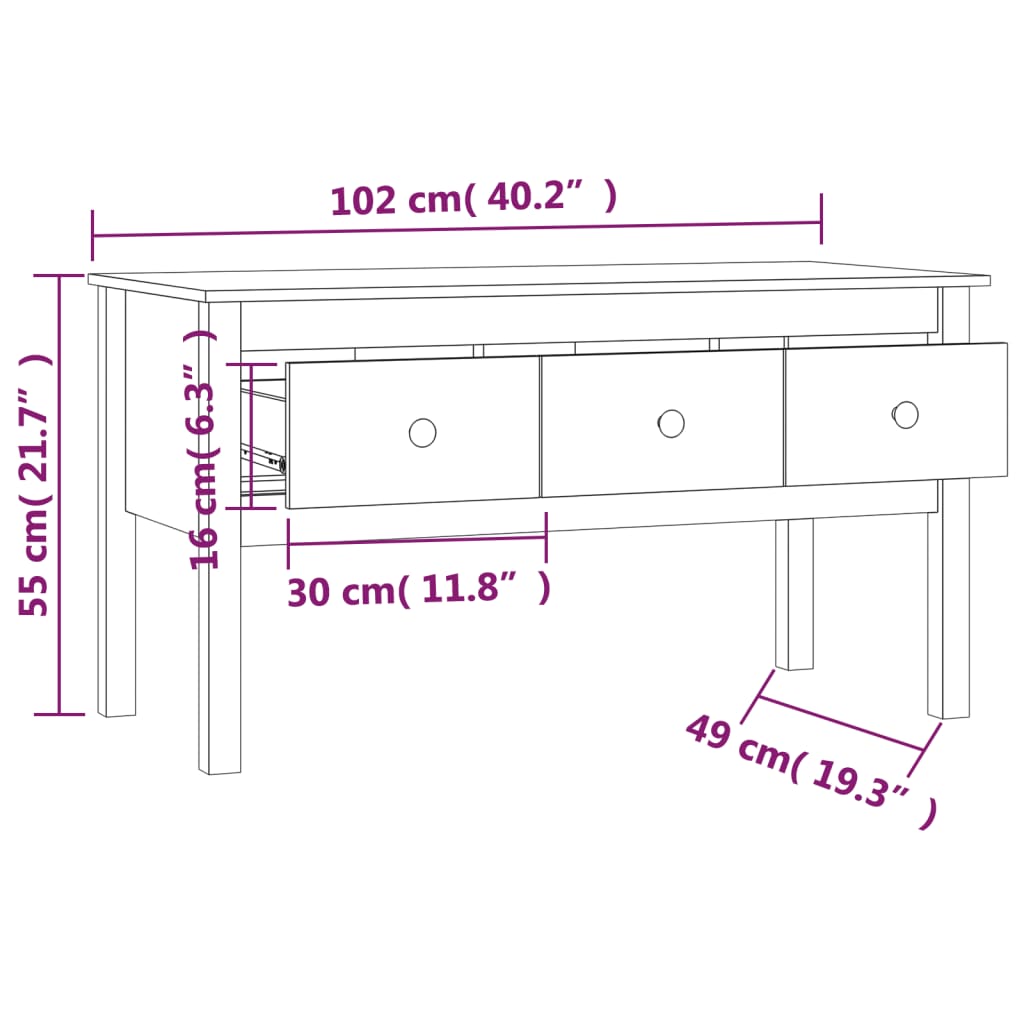 Tavolino da Salotto Nero 102x49x55 cm in Legno Massello di Pino