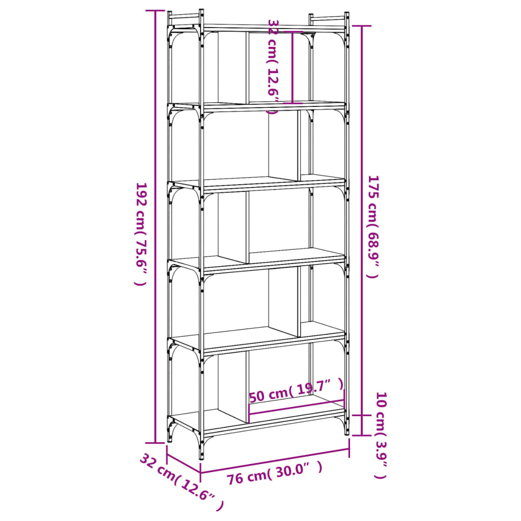 Libreria Grigio Sonoma 6 Ripiani 76x32x192 cm Legno Multistrato