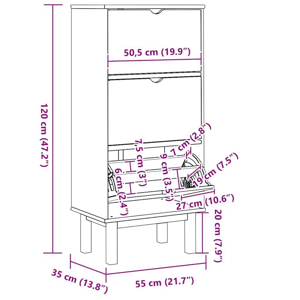 Scarpiera OTTA con 3 Cassetti Marrone e Bianco in Legno di Pino