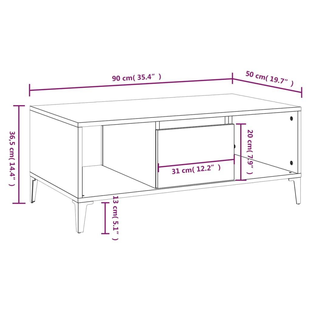 Tavolino da Salotto Rovere Fumo 90x50x36,5 cm Legno Multistrato