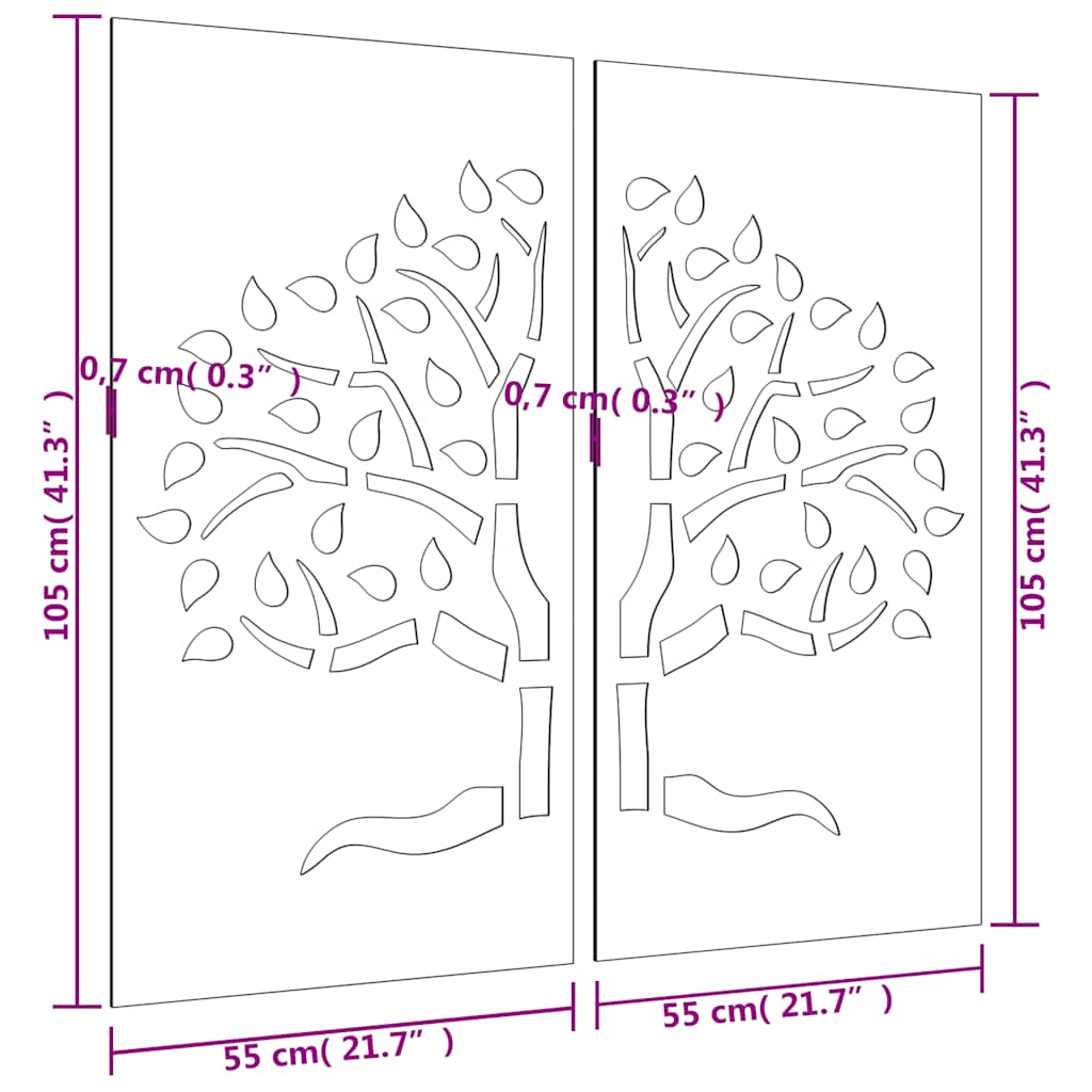 Decorazioni Muro Giardino 2 pz 105x55 cm Albero Acciaio Corten