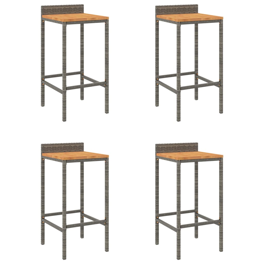 Sgabelli da Bar 4pz Grigi Polyrattan e Legno Massello di Acacia