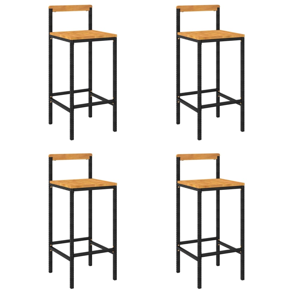 Sgabelli da Bar 4pz Neri Polyrattan e Legno Massello di Acacia