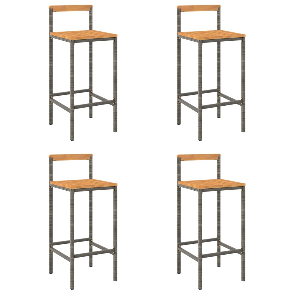 Sgabelli da Bar 4pz Grigi Polyrattan e Legno Massello di Acacia