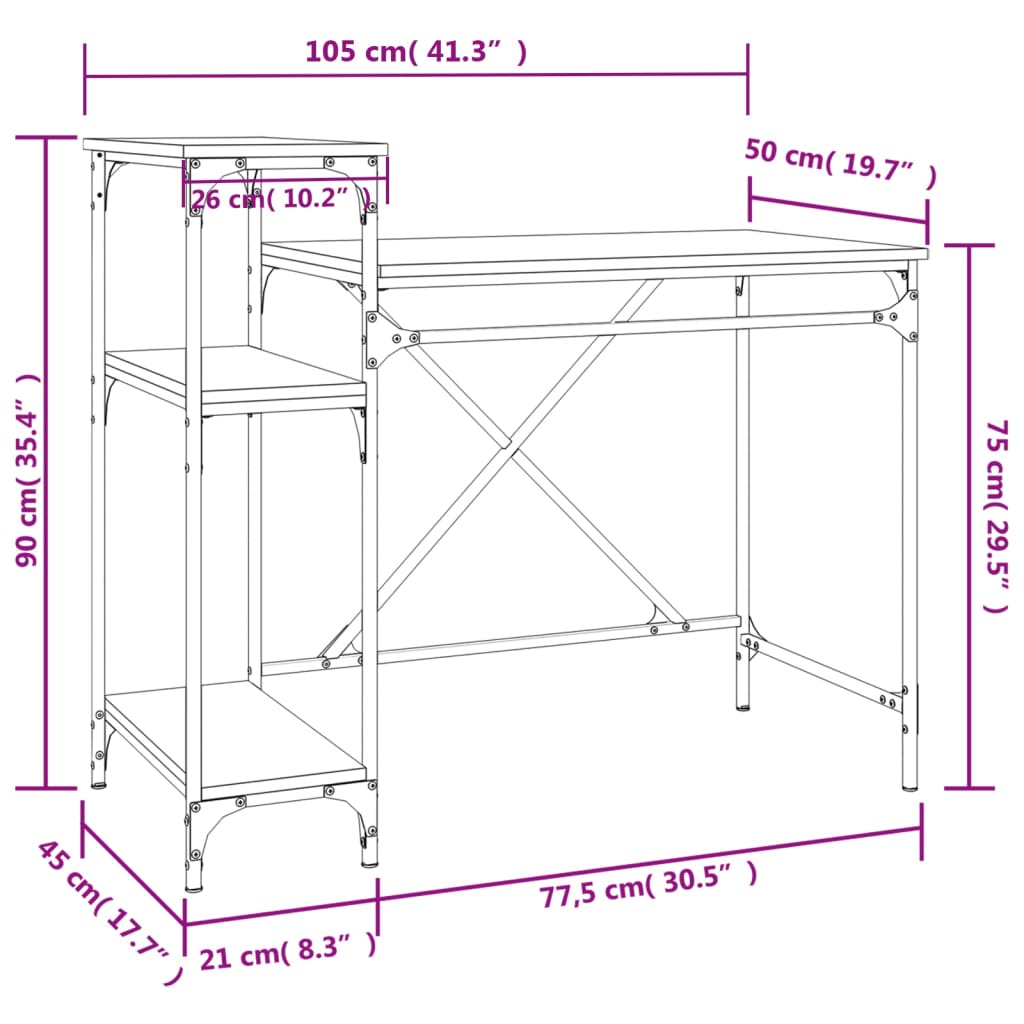 Scrivania Ripiani Nera 105x50x90 cm Legno Multistrato e Ferro