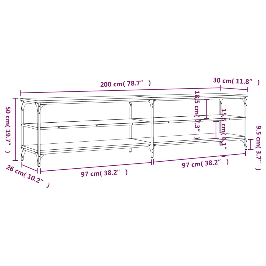 Mobile TV Rovere Fumo 200x30x50 cm Legno Multistrato e Metallo