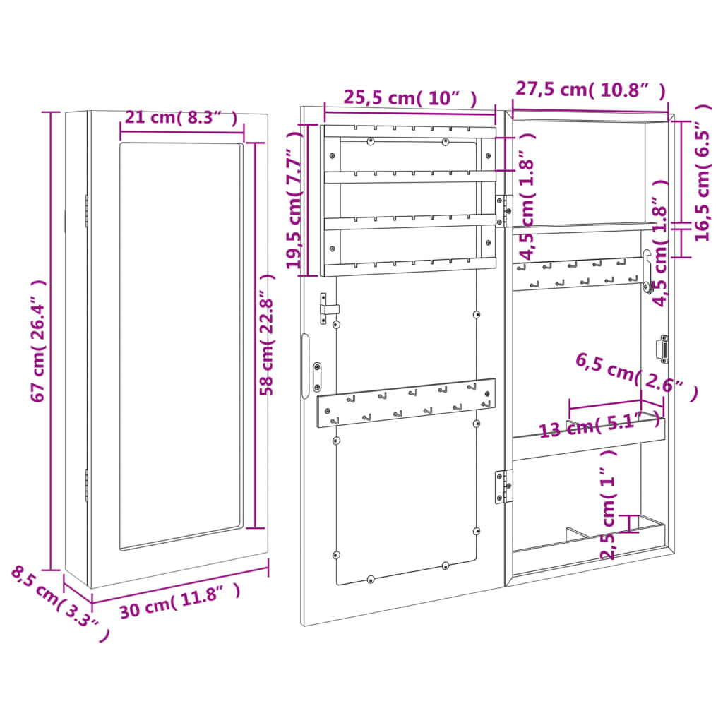 Armadio Portagioie con Specchio a Muro Nero 30x8,5x67 cm