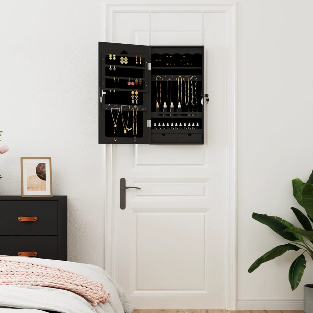 Armadio Portagioie con Specchio a Muro Nero 37,5x10x67 cm