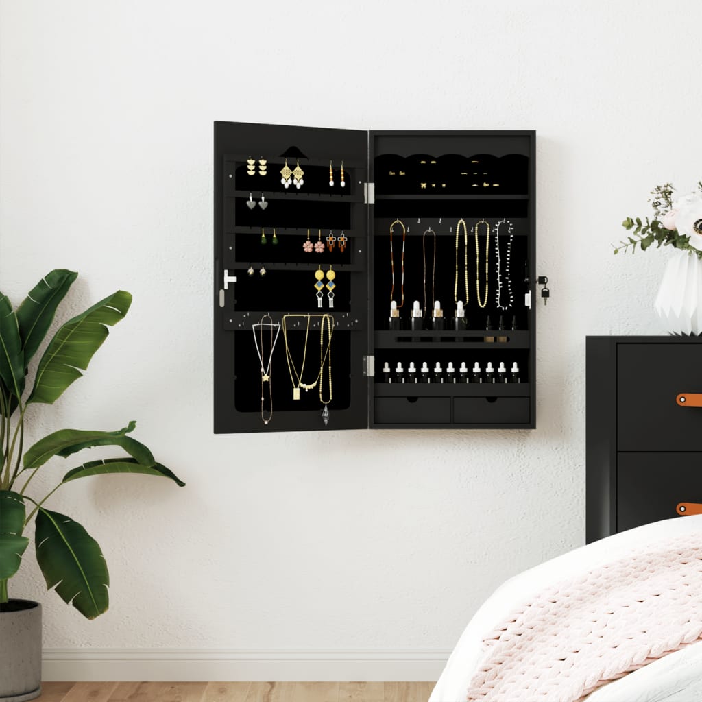 Armadio Portagioie con Specchio a Muro Nero 37,5x10x67 cm